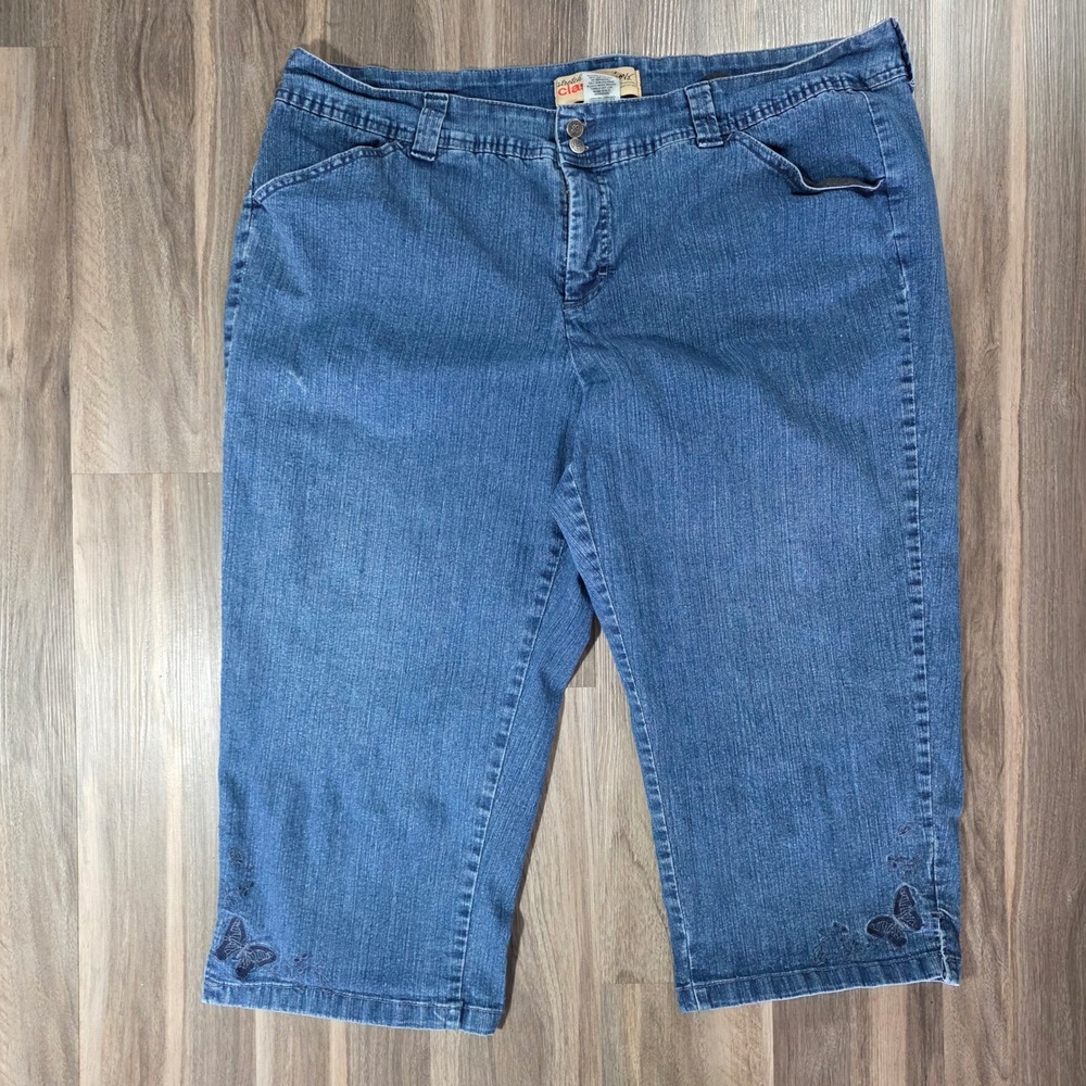 Stretch Classic Butterfly Embroidered Denim Capri Jeans Blue Womens Plus Size